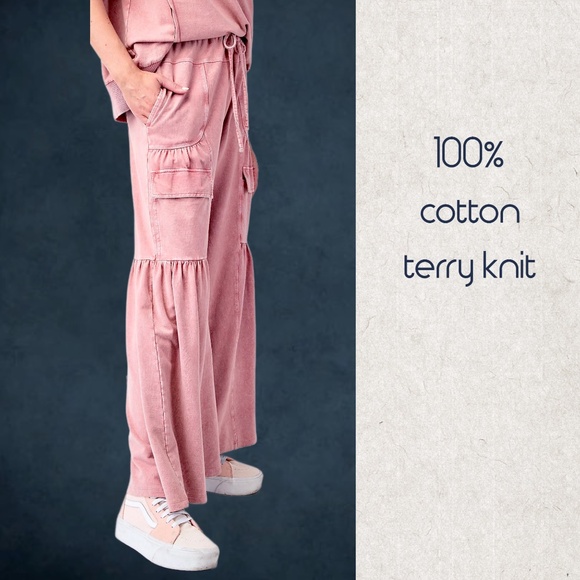 EASEL “Lovin’ It” Cotton Mineral Washed Pants Relax Fit Wide Ruffled Leg Pockets - Picture 7 of 14